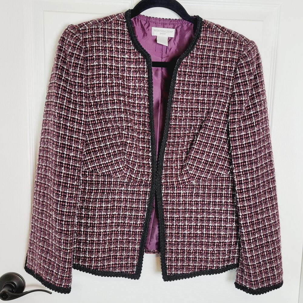 Worthington Blazer Jacket 10P Petite Purple Tweed Collarless Office Career